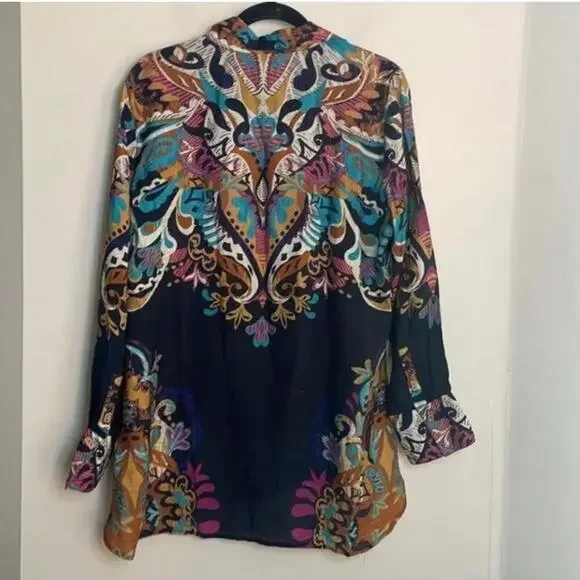 Multiples collared wood button down long sleeve, blouse, paisley print top - Picture 8 of 11